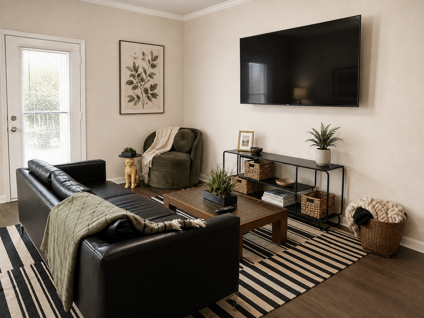 A living room with a black couch, a coffee table, a chair, a basket, and a TV mounted on the wall.